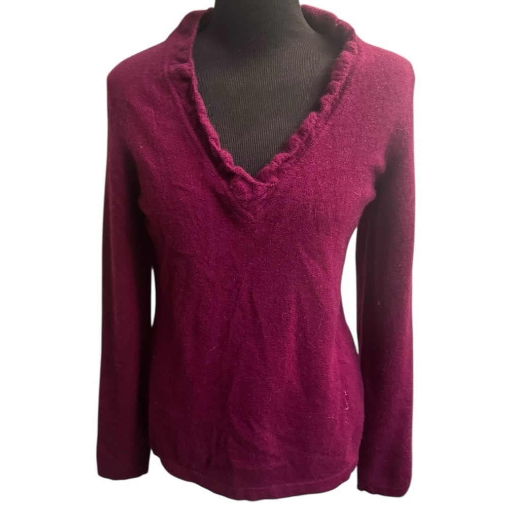 2 PLY CASHMERE WOOL CHARTER CLUB Ruffled V Neck Sweater Burgundy SZ MED Cozy EUC